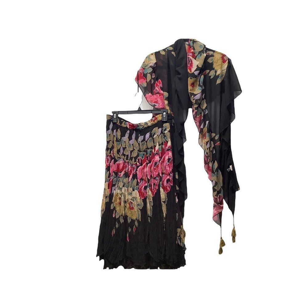 ANU Skirt with Scarf Wrap Black Rose Floral‎ Elastic Waist 2 Layer Boho Lace NWT